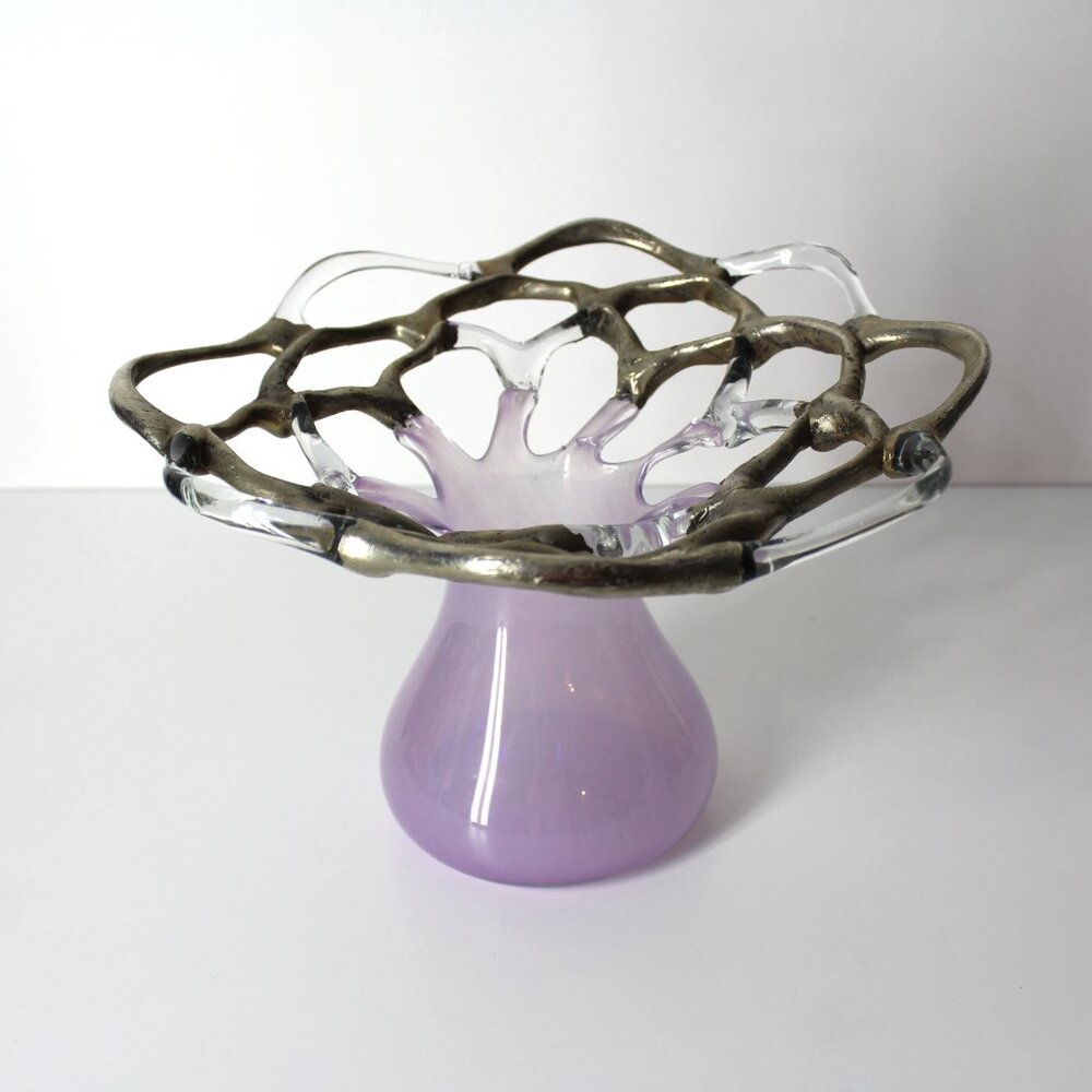 M Duca Hand Blown Mid-Century Glass Lattice Web Vase Gold Lavender Signed